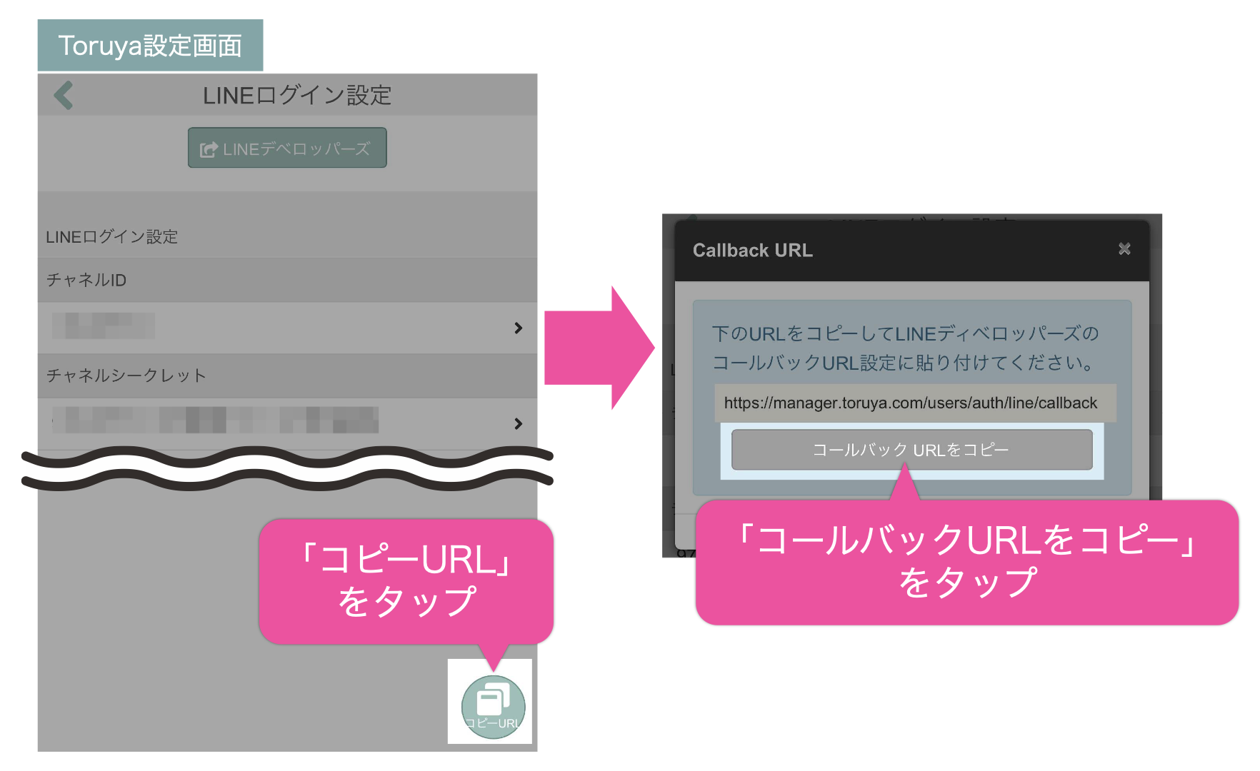 Toruya設定画面の右下「コピーURL」ボタンをタップして、「コールバックURLをコピー」ボタンをタップ