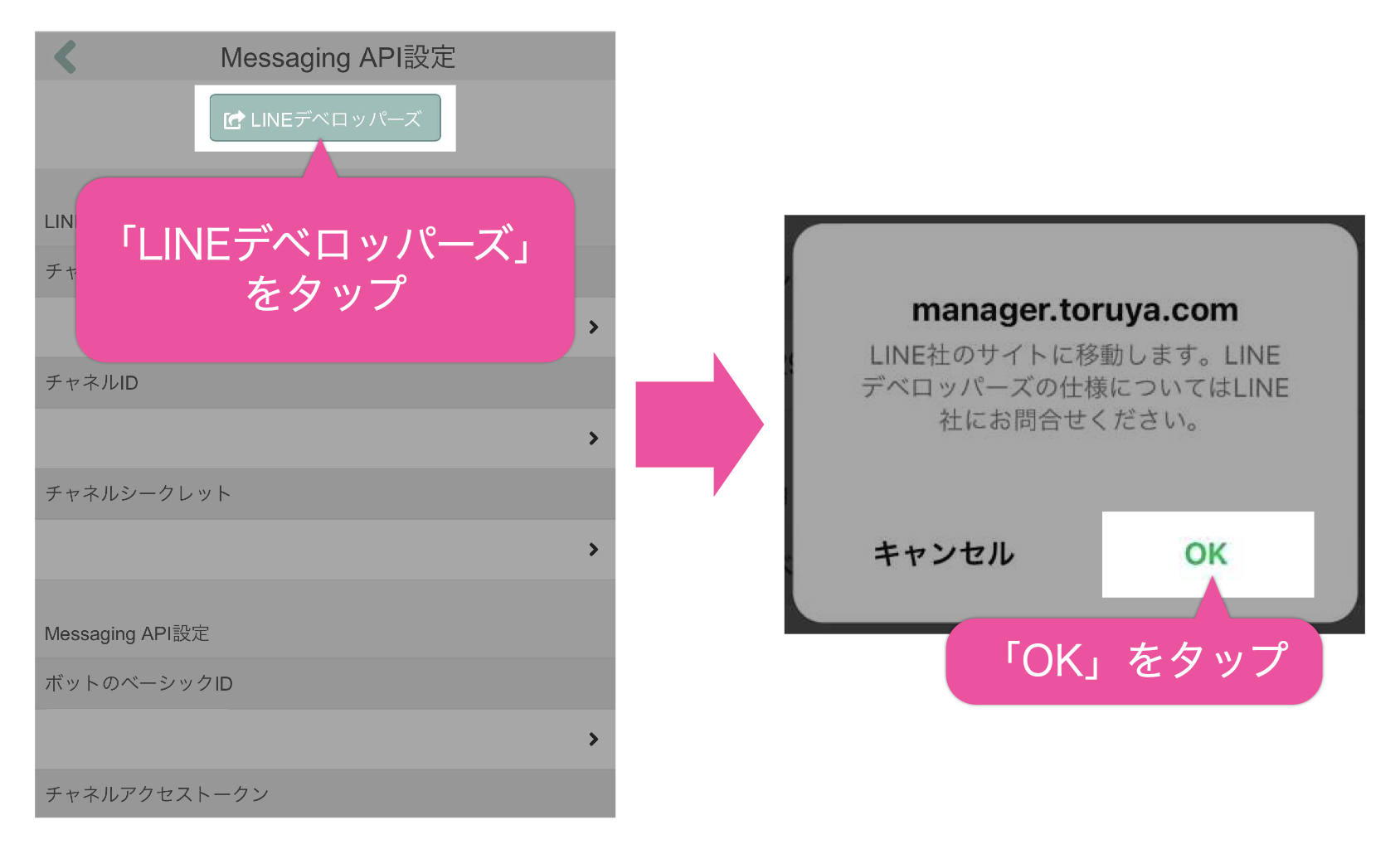 Messaging API設定画面で「LINEデベロッパーズ」ボタンをタップすると、LINE社のサイトに移動するので「OK」をタップ