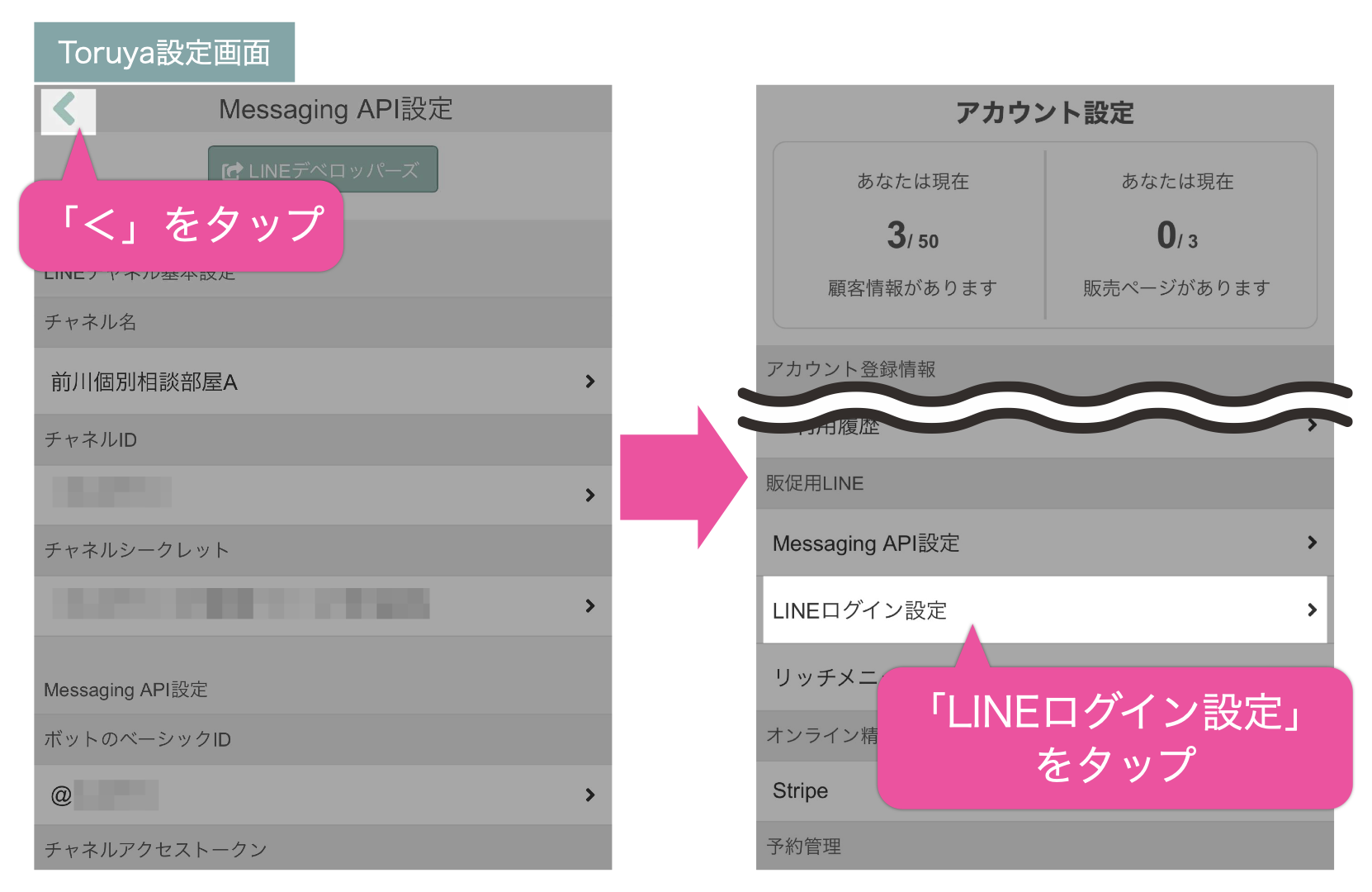 Toruya設定画面の左上「＜」をタップして設定画面に戻り「LINEログイン設定」をタップ