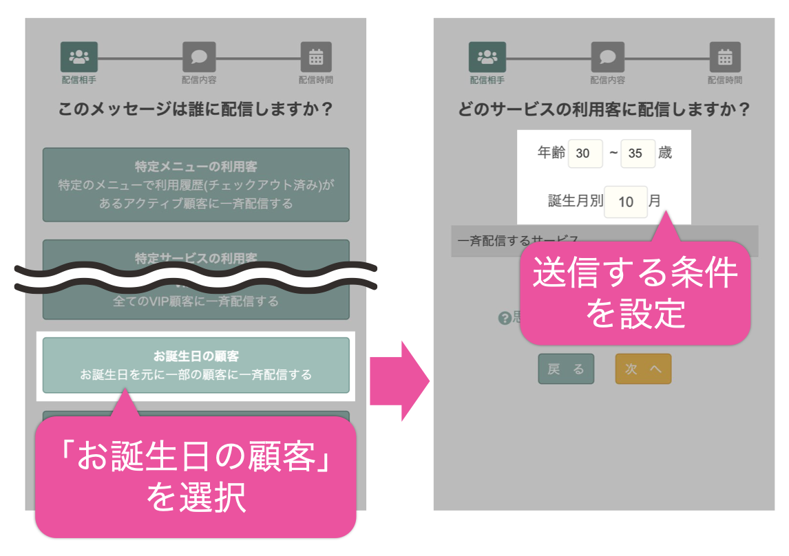 「お誕生日の顧客」を選択→送信する条件を設定