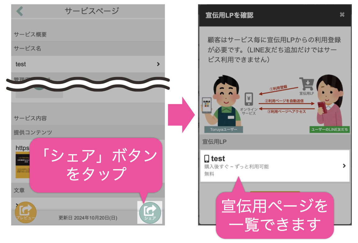 サービス設定画面で「シェア」ボタンをタップ→宣伝用LPを一覧できます