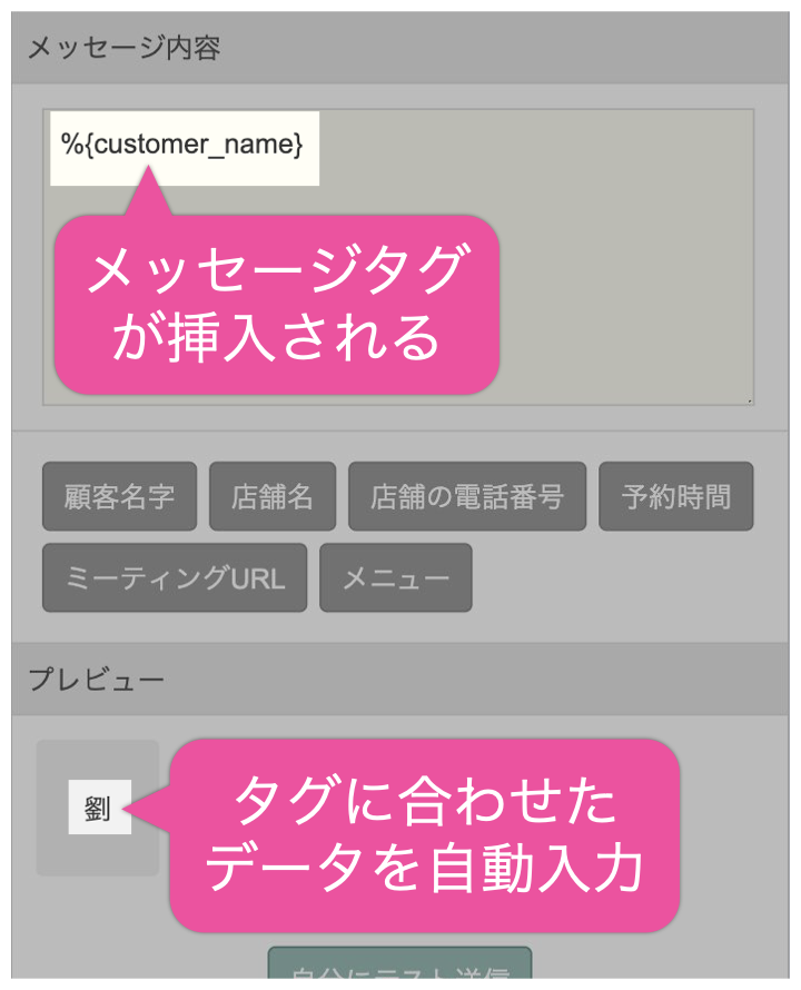 メッセージ内容にメッセージタグが挿入され、プレビューにタグに合わせたデータが自動入力される