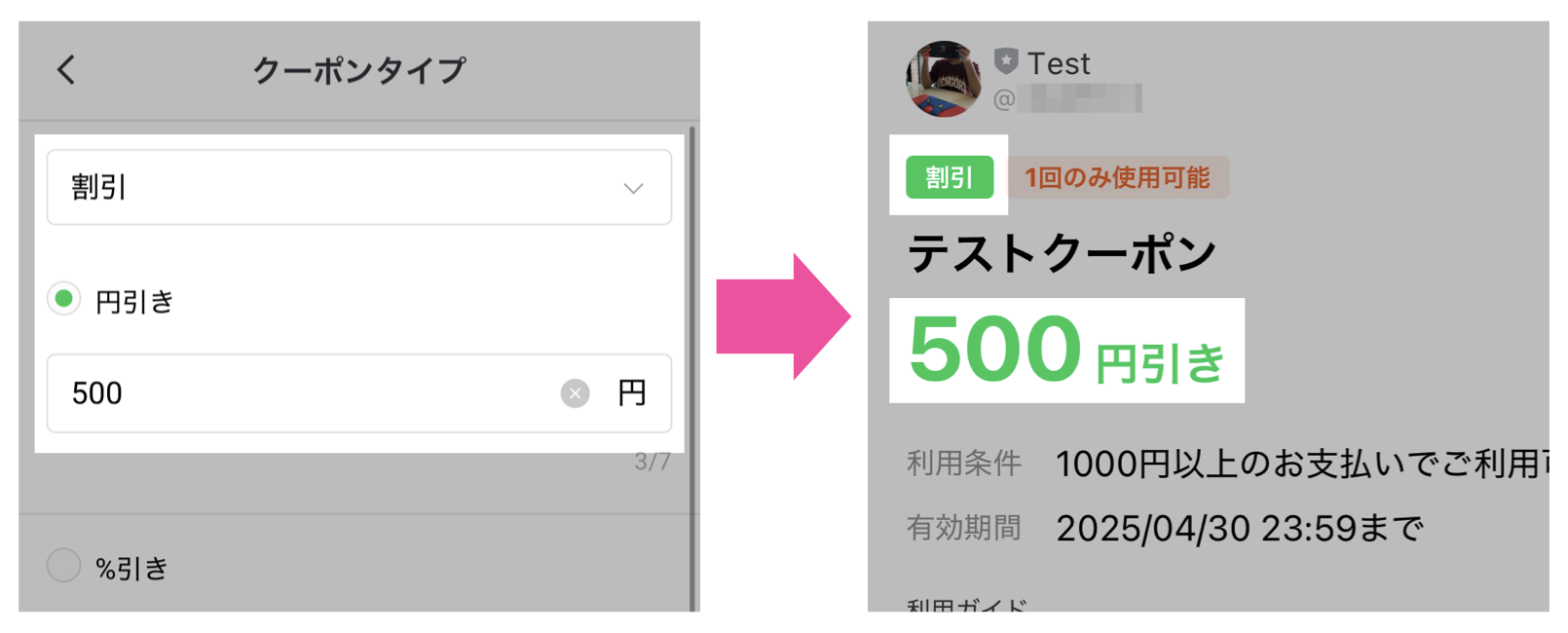 LINEクーポン設定>クーポンタイプの表事例:割引