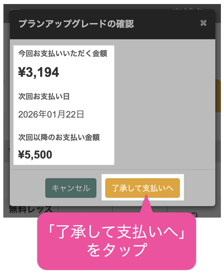 「了承して支払いへ」をタップ