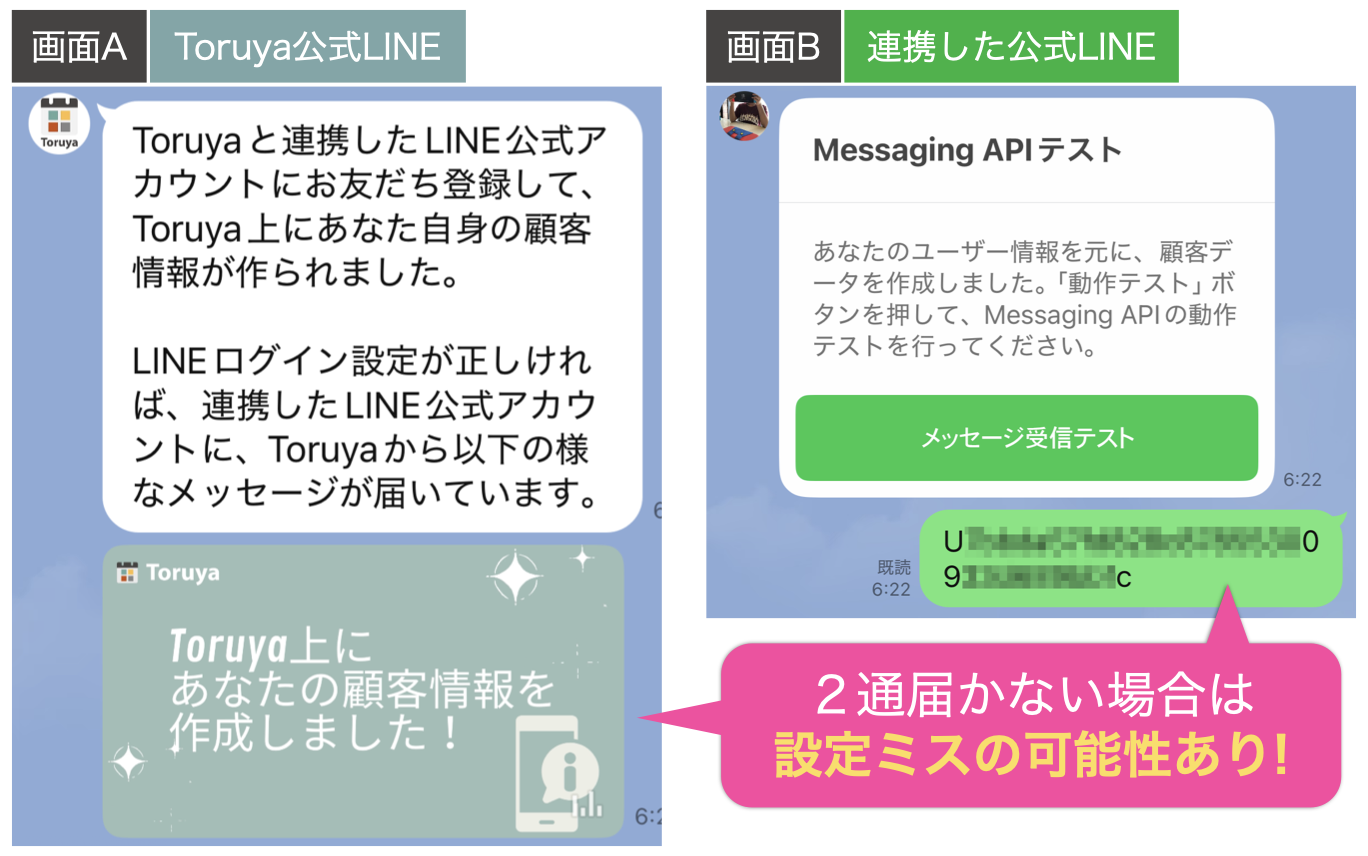 画面A:Toruya公式LINEと、画面B:連携した公式LINEの両方から、2通メッセージが届かない場合は設定ミスの可能性あり!