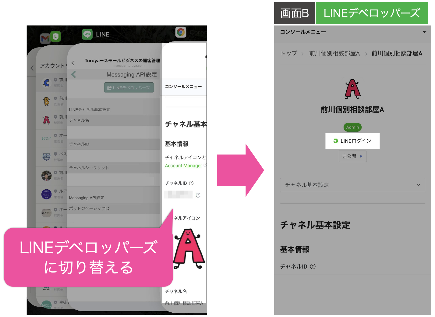 LINEデベロッパーズに切り替える