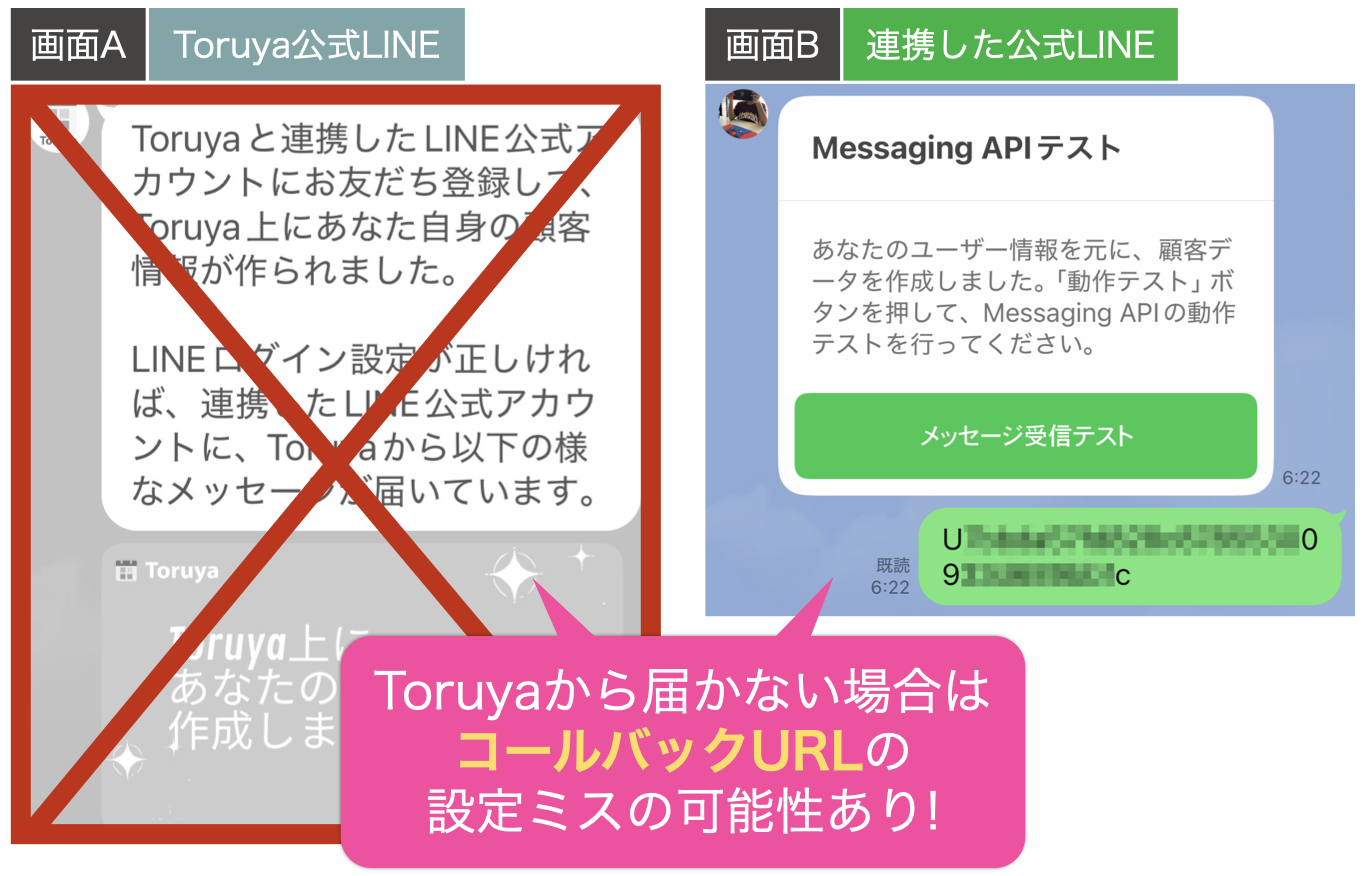 画面A:Toruya公式LINEから届かない場合はコールバックURLの設定ミスの可能性あり!