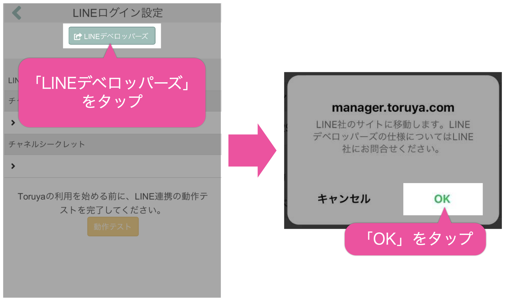 「LINEデベロッパーズ」をタップ→「OK」をタップ