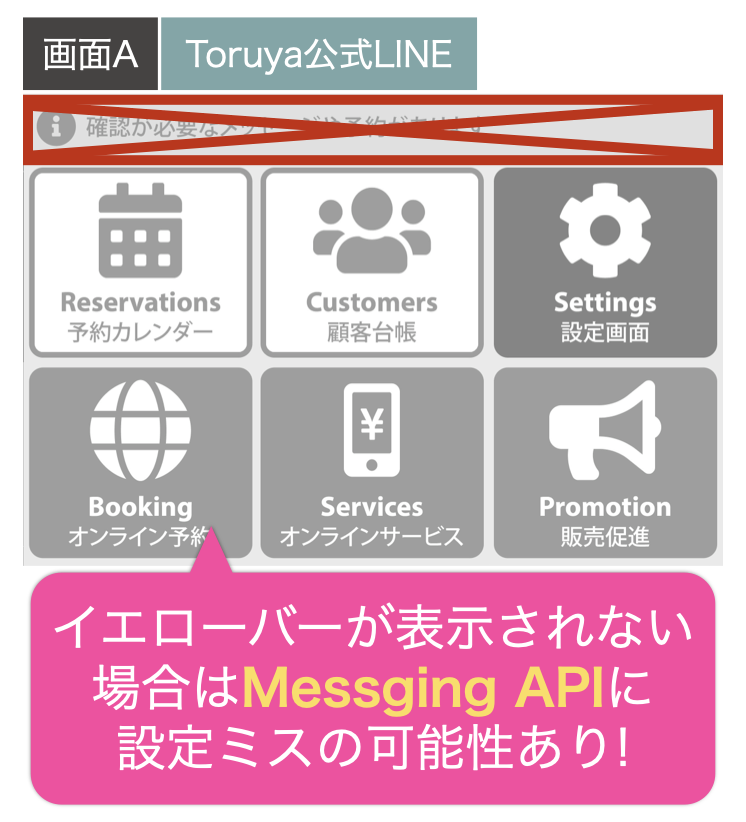 イエローバーが表示されない場合はMessging APIに
設定ミスの可能性あり!