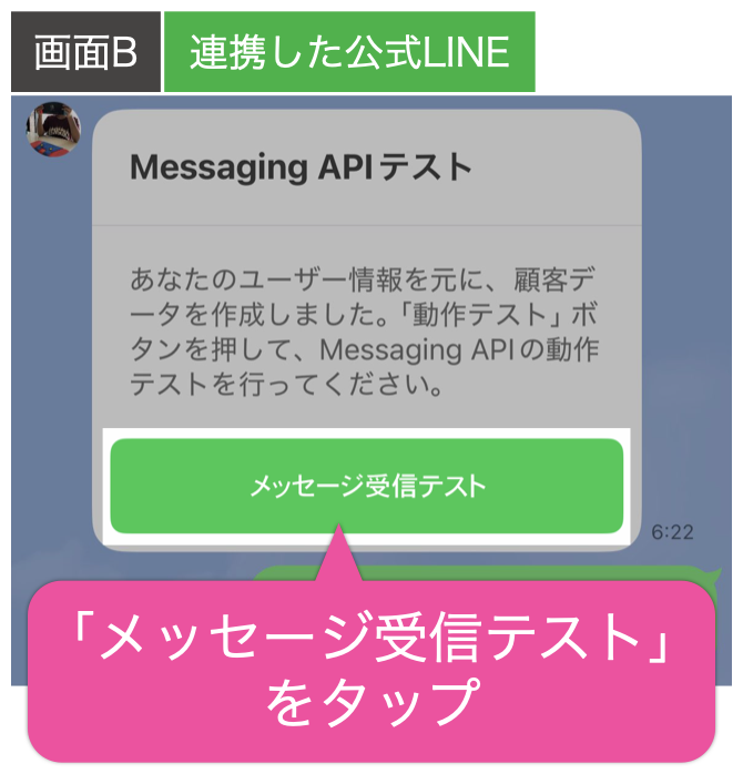 画面B:「メッセージ受信テスト」をタップ