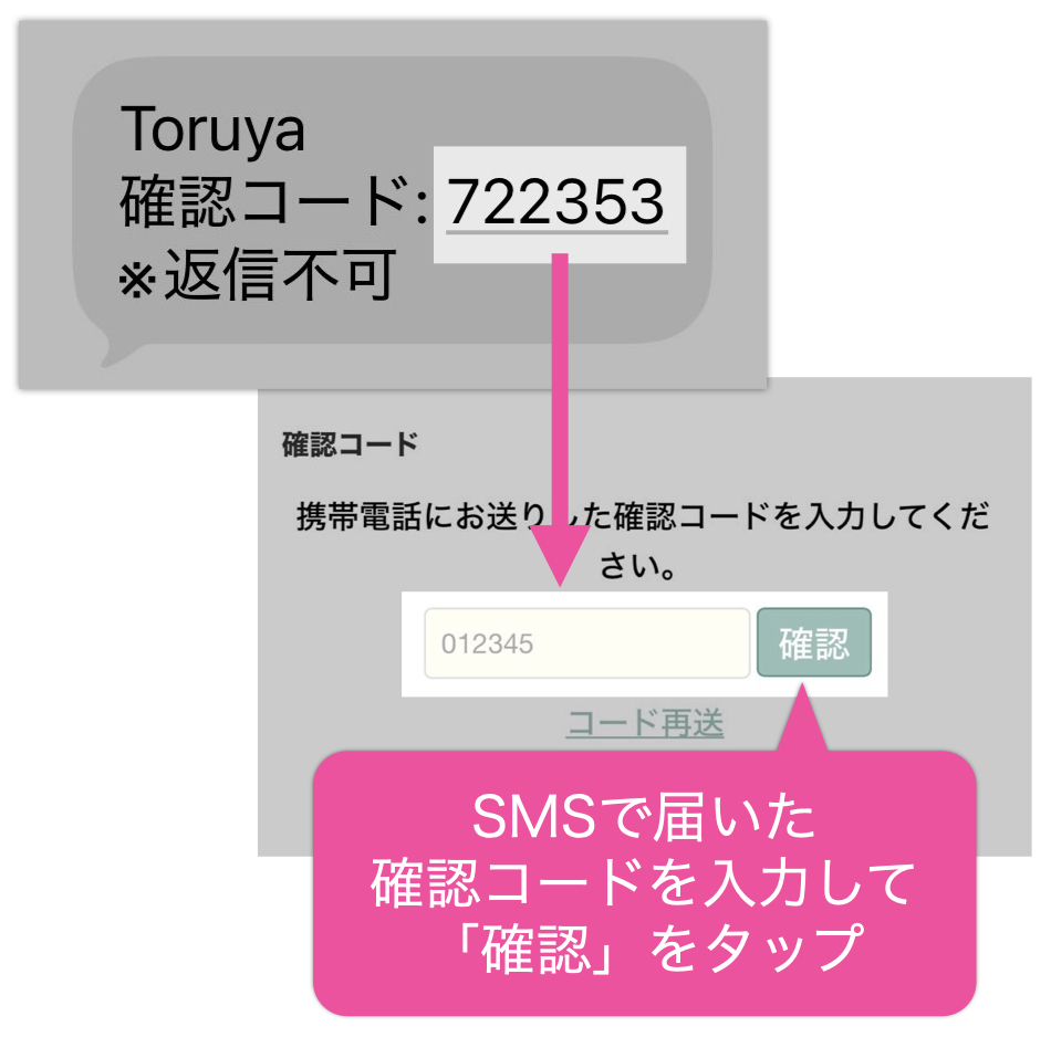 SMSで届いた 確認コードを入力して 「確認」をタップ